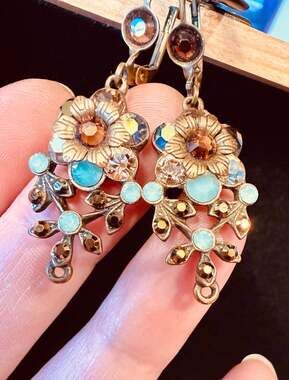 Michal Negrin Brown and Blue Crystal Flower Chandelier Earrings